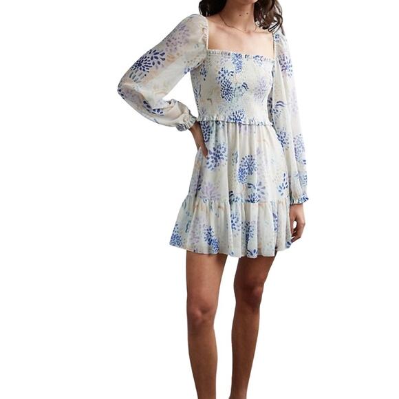 Wilfred Aritzia Tempest Mini Dress Floral Square Neck Smocked Bodice M - Picture 1 of 11